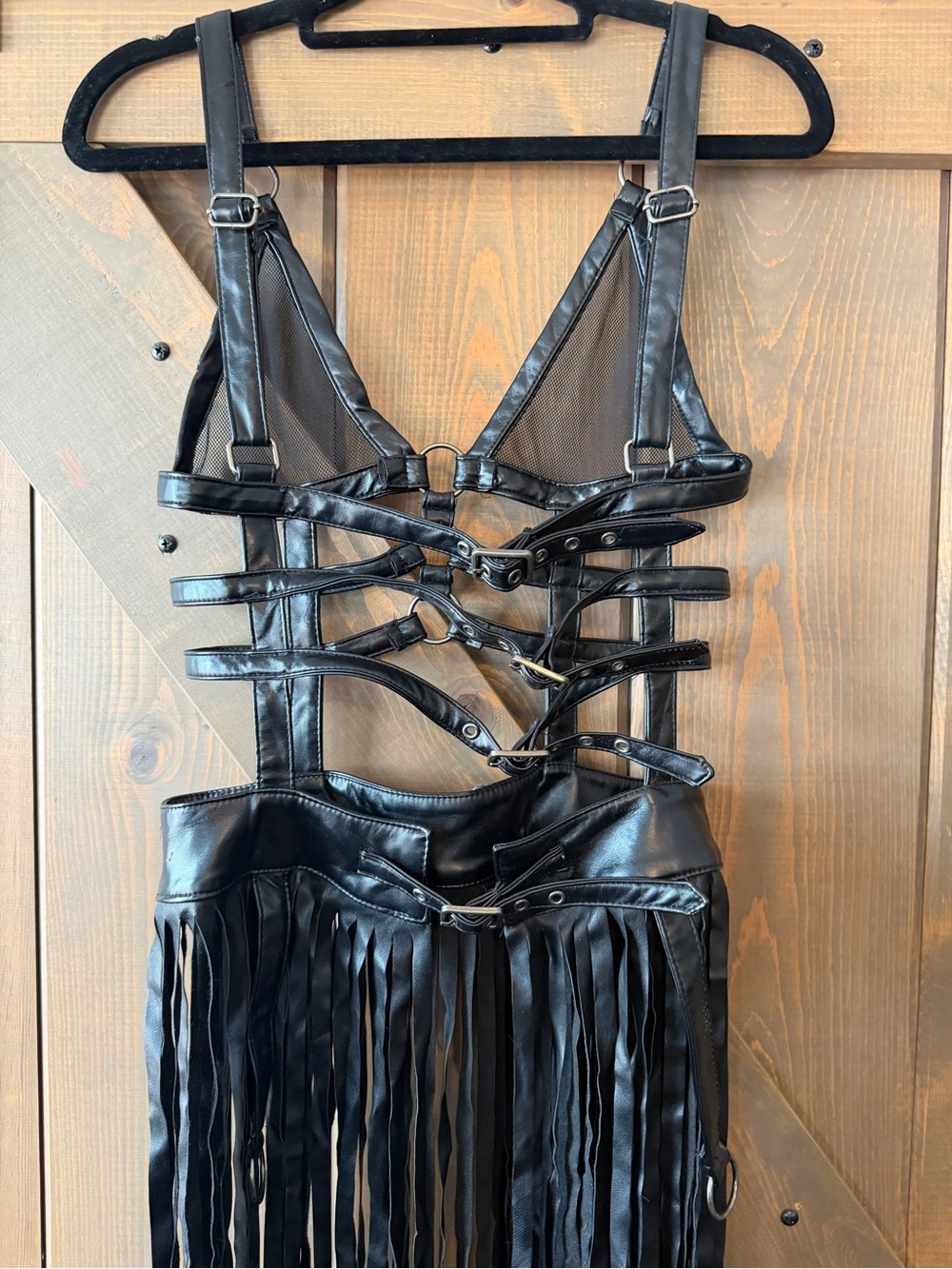 Black Faux Leather Fringe Maxi Dress with Harness Straps - Picture 8 of 13